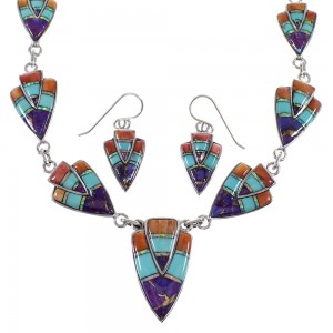 Southwest Multicolor Inlay Sterling Silver Link Necklace Set WX71716