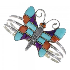 Multicolor Inlay And Genuine Sterling Silver Butterfly Cuff Bracelet VX63879