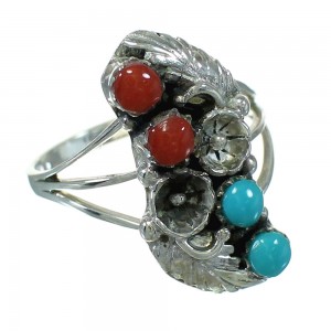 Silver Coral And Turquoise Flower Ring Size 6-3/4 AX81935
