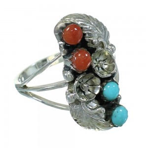 Turquoise And Coral Silver Flower Ring Size 5-1/2 AX82018