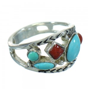 Turquoise And Coral Silver Southwestern Jewelry Ring Size 5-1/2 AX82064