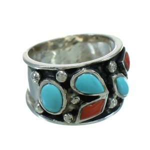 Turquoise And Coral Silver Jewelry Southwestern Ring Size 5 AX82226