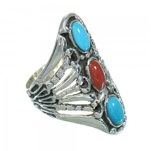 Southwestern Coral And Turquoise Genuine Sterling Silver Ring Size 5-1/4 WX82553