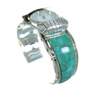 Sterling Silver Southwest Turquoise Inlay Cuff Watch RX65847