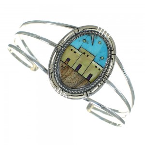 Multicolor Authentic Sterling Silver Native American Village Or Pueblo Design Bracelet RX69134