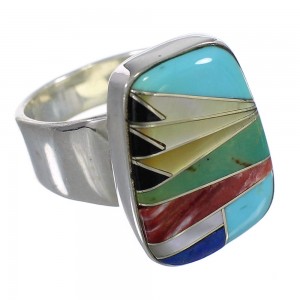 Southwestern Multicolor Inlay Genuine Sterling Silver Ring Size 4-3/4 QX77850