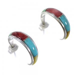 Southwestern Authentic Sterling Silver Multicolor Post Hoop Earrings QX72472