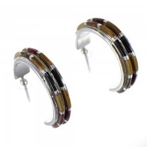 Southwestern Multicolor Authentic Sterling Silver Post Hoop Earrings RX65607