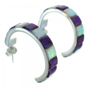 Southwest Magenta Turquoise Opal Authentic Sterling Silver Post Hoop Earrings RX66402