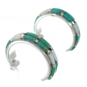 Turquoise Opal Inlay Southwest Sterling Silver Post Hoop Earrings RX66057