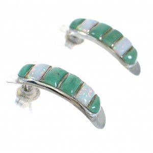 Southwestern Turquoise Opal Inlay Sterling Silver Post Hoop Earrings RX66106