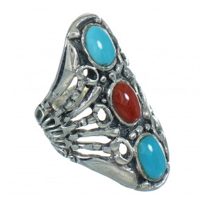 Southwest Turquoise And Coral Sterling Silver Ring Size 5 WX74841