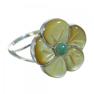 Silver Turquoise And Yellow Mother Of Pearl Flower Ring Size 7-3/4 YX67175