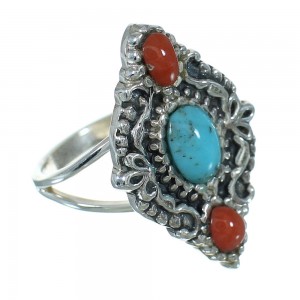 Silver Turquoise And Coral Southwestern Ring Size 6-1/4 YX70159