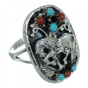 Horse Sterling Silver Southwestern Turquoise Coral Ring Size 7-1/4 QX72531