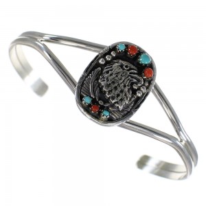 Genuine Sterling Silver Turquoise And Coral Eagle Cuff Bracelet RX70336