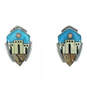 Multicolor Sterling Silver Native American Village Design Southwestern Post Earrings YX71382