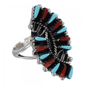 Turquoise And Coral Silver Needlepoint Southwest Ring Size 8-1/2 WX82075
