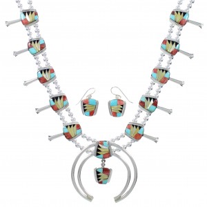 Multicolor Inlay Sterling Silver Squash Blossom Necklace Set AX94364