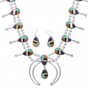 Multicolor Authentic Sterling Silver Squash Blossom Necklace Set AX94366