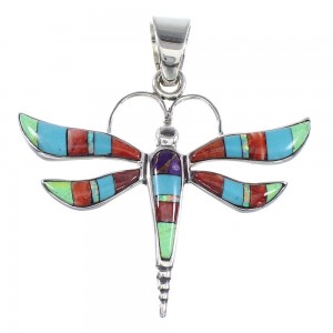 Authentic Sterling Silver Multicolor Inlay Dragonfly Pendant RX94663