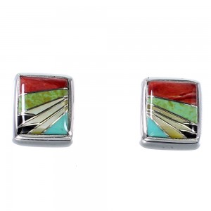 Multicolor Inlay And Genuine Sterling Silver Jewelry Post Earrings RX94830