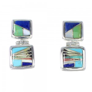 Multicolor Inlay Authentic Sterling Silver Post Dangle Earrings RX95123