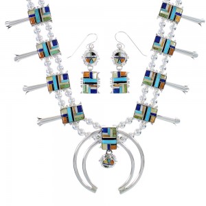 Multicolor Sterling Silver Southwest Squash Blossom Necklace Set AX94401