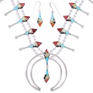 Sterling Silver Multicolor Inlay Squash Blossom Necklace Set AX94412