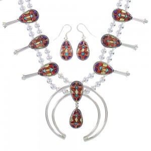 Silver Southwestern Multicolor Inlay Squash Blossom Necklace Set AX94433