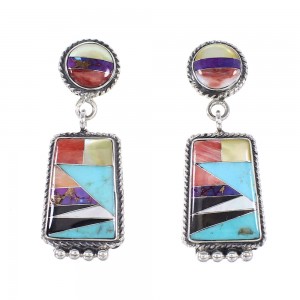 Multicolor Inlay Southwest Genuine Sterling Silver Post Dangle Earrings AX94994
