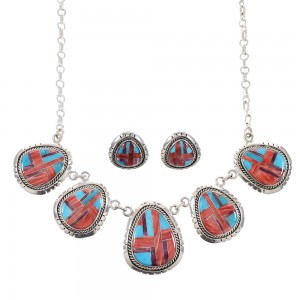 Multicolor Sterling Silver Southwestern Necklace And Earrings Set EX54158