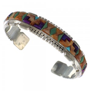 Genuine Sterling Silver And Multicolor Inlay Southwest Cuff Bracelet VX65673