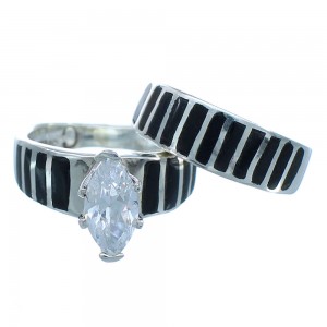Sterling Black Jade Inlay Wedding Band Ring Set Size 4-3/4 NS55303