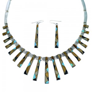 Sterling Silver Multicolor Inlay Link Necklace Earrings Set GS75301
