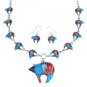 Multicolor Sterling Silver Bear Link Necklace Earrings Set PX35826