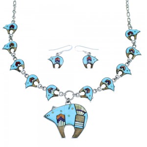 Mesa Design Multicolor Inlay Sterling Silver Bear Link Necklace Set WX71713