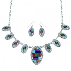 Sterling Silver Multicolor Link Necklace Earrings Set Jewelry PX37805