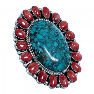 Red Oyster Shell And Turquoise Sterling Silver Ring Size 5-3/4 RS35880