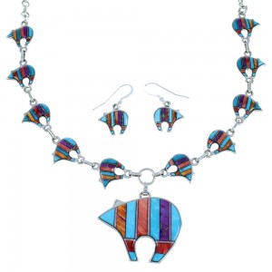 Sterling Silver Turquoise Multicolor Bear Link Necklace Set HS28659