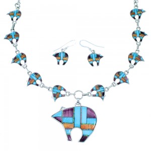 Turquoise Multicolor Sterling Silver Bear Link Necklace Set HS28660 