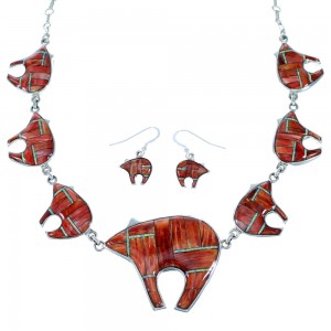 Red Oyster Shell Opal Inlay Bear Link Necklace Earrings Set PX37338
