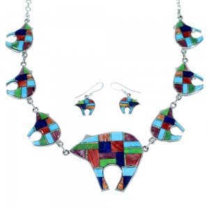 Southwestern Bear Multicolor Silver Link Necklace And Earrings PX37358