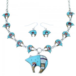 Silver Multicolor Bear Mesa Design Link Necklace Set PX37973