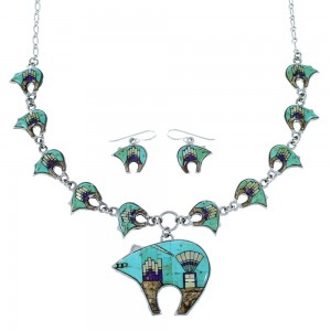 Native American Mesa Design Sterling Silver Bear Necklace Set PS64236