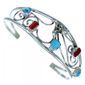 Turquoise Coral Sterling Silver Flower Leaf Navajo Cuff Bracelet JX130243