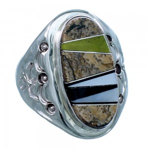 Navajo Sterling Silver Multicolor Inlay Ring Size 9 LX112738