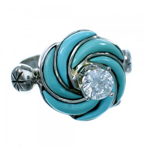Cubic Zirconia Flower Turquoise Inlay Sterling Silver Ring Size 5-3/4  LX113063