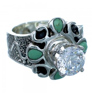 Southwestern Sterling Silver Cubic Zirconia Turquoise Inlay Flower Ring Size 5-1/2 LX113102