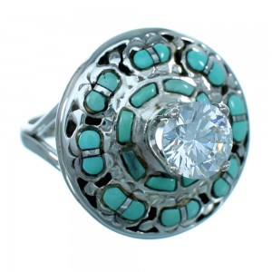 Cubic Zirconia Turquoise Inlay Sterling Silver Ring Size 6-3/4 LX113145